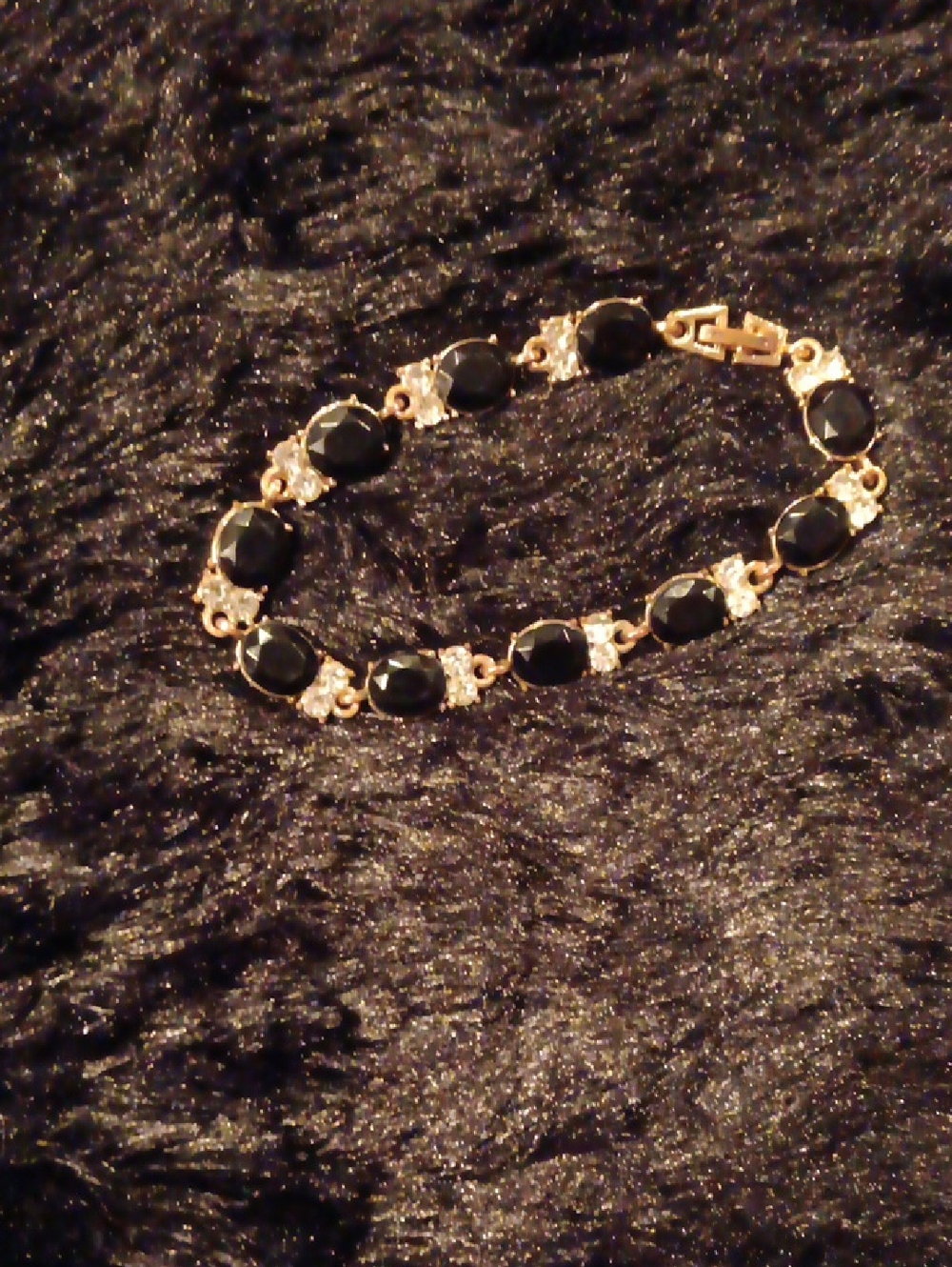 Gold-Tone Black Stone Link Bracelet - Elegant Women's Jewelry